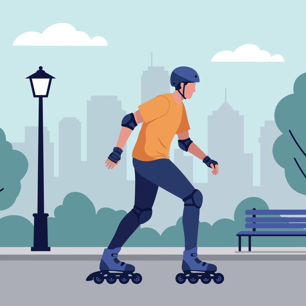 A young man roller skating in a park setting with city skyline in the background, flat art illustrating active lifestyle and outdoor enjoyment vector