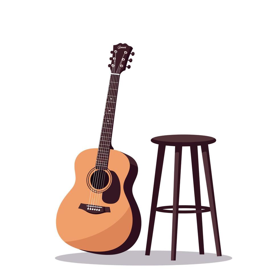 Acoustic guitar leaning against a simple wooden stool in a minimal flat design art vector