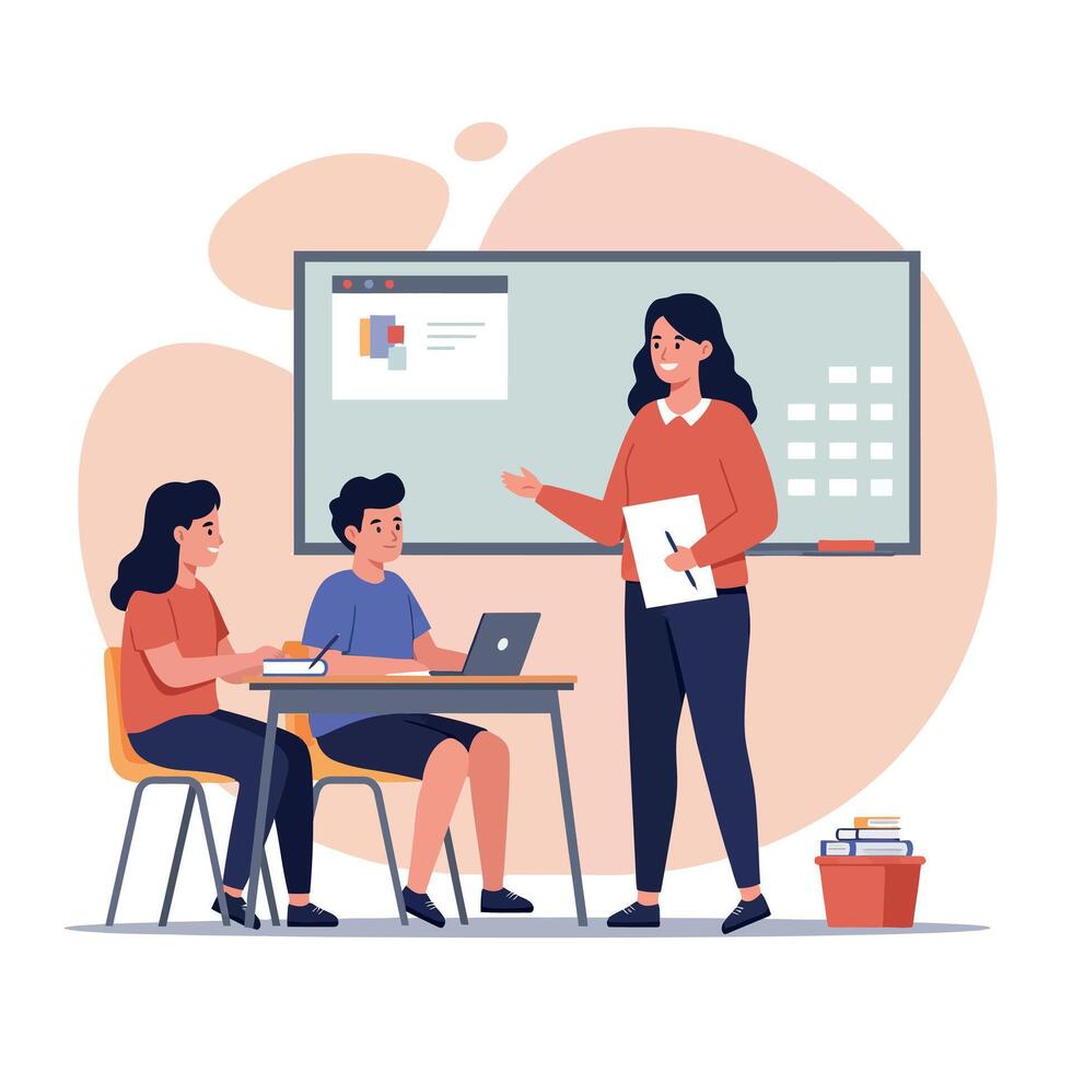Engaging teacher presenting to attentive students in a classroom setting featuring minimal design elements and a modern aesthetic, illustration vector