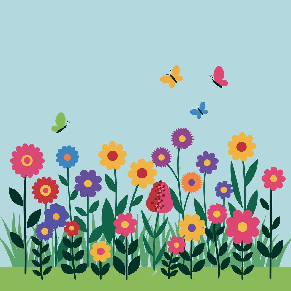Colorful flowers in a vibrant garden setting with butterflies in a flat illustration vector