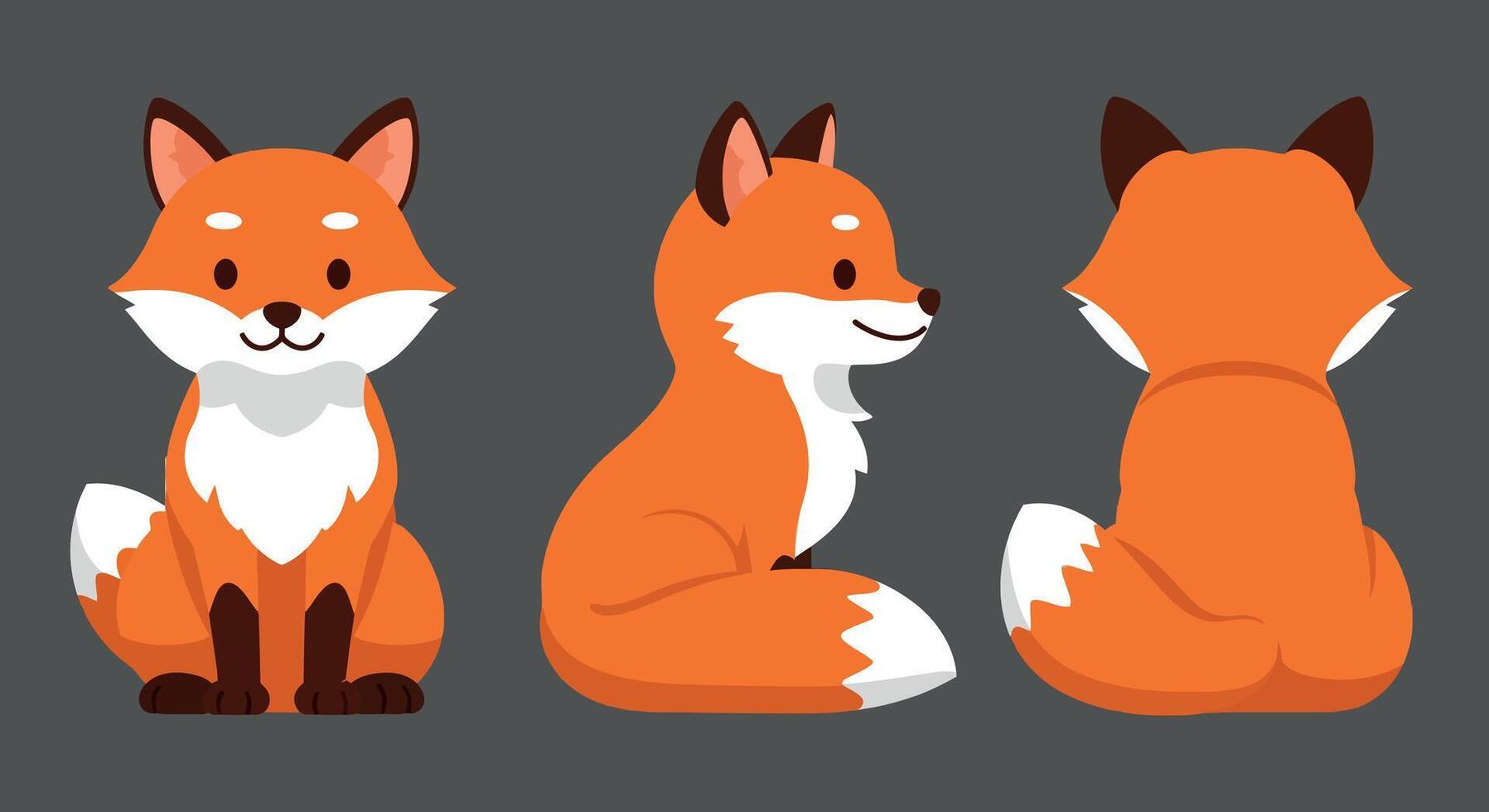 Cute orange fox character designed in a flat, minimal style showcasing three angles in vibrant illustration vector