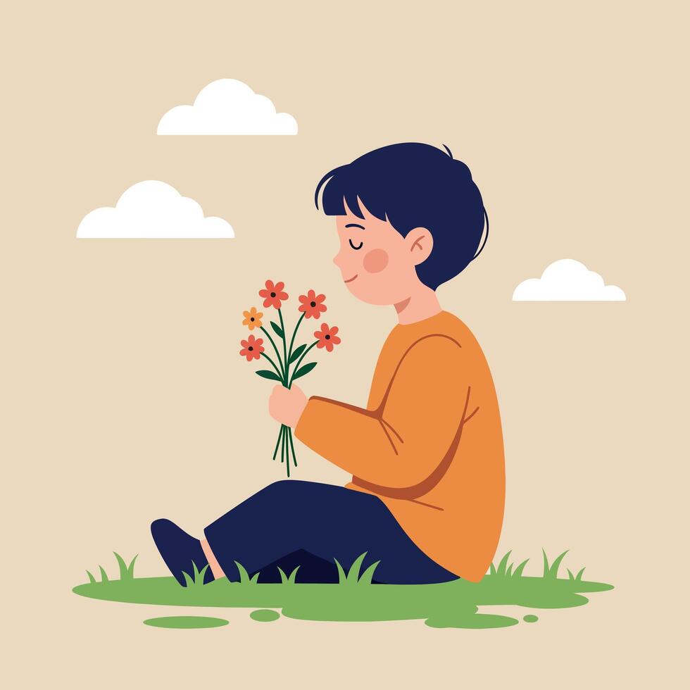 A young boy sitting on the grass with a bouquet of colorful flowers in a flat illustration, radiating joy and tranquility in nature vector