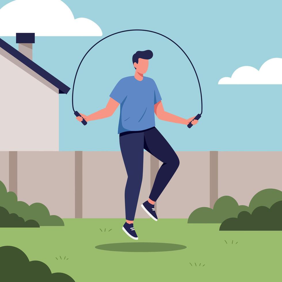 A man energetically skipping rope in a vibrant backyard, showcasing a flat design style, emphasizing fitness and joy in art vector