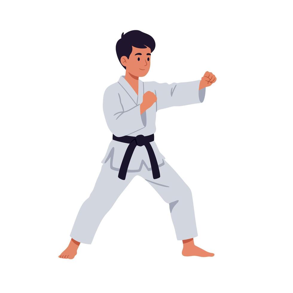 A young boy practicing karate in a traditional white gi with a black belt, showcasing determination in a flat illustration vector