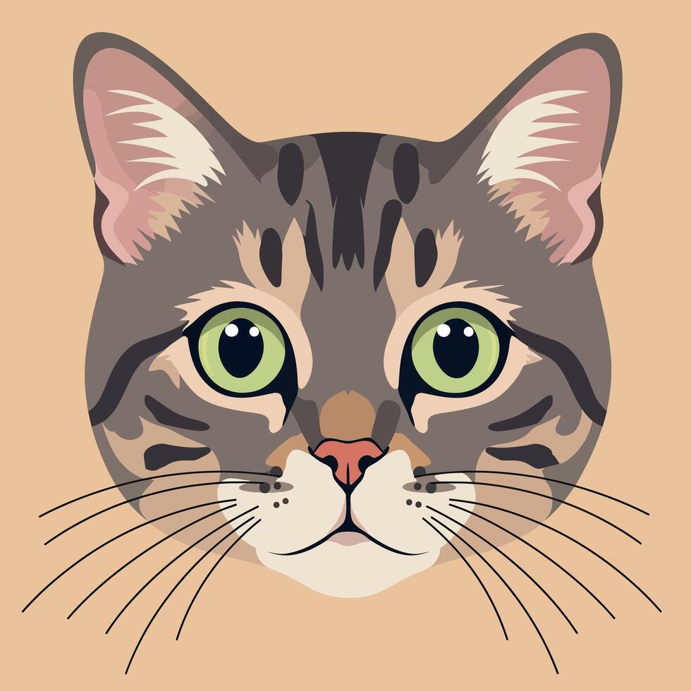 Adorable tabby cat with striking green eyes in minimal flat design style, showcasing playful expression and soft features, perfect for pet lovers, art vector