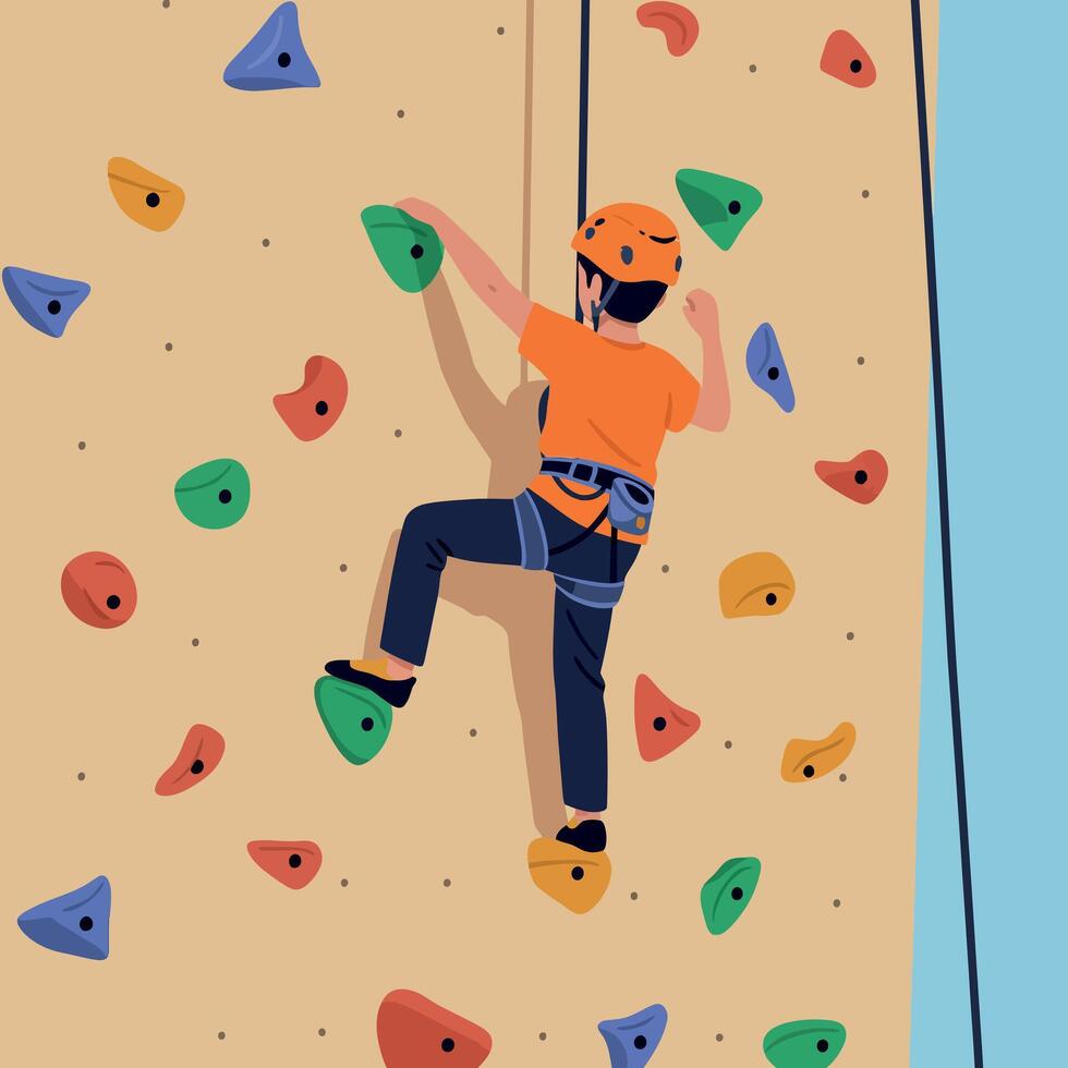 Young climber in orange helmet ascending brightly colored rock wall in flat art style showcasing determination and focus in an indoor climbing gym vector