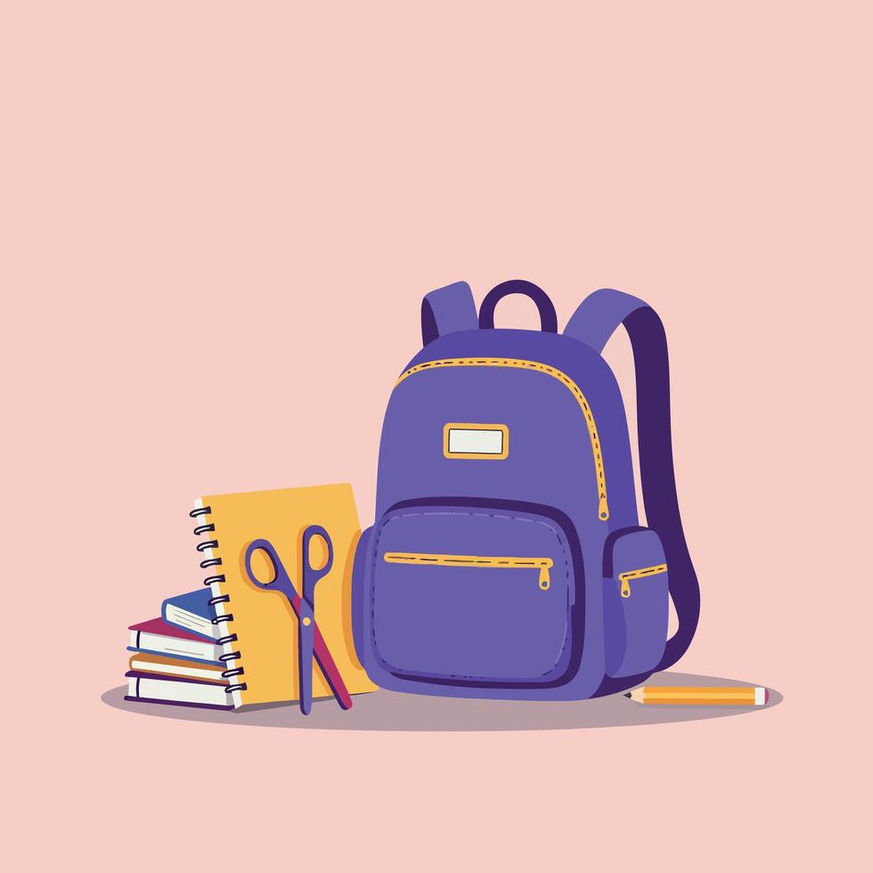 Purple school backpack surrounded by notebooks, scissors, and a pencil in a flat illustration vector