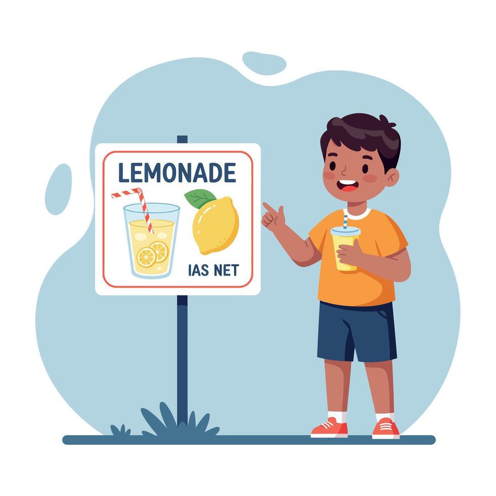A cheerful boy holding a lemonade drink beside a colorful lemonade stand in a flat design illustration, showcasing summer fun and refreshment in a vibrant setting. vector
