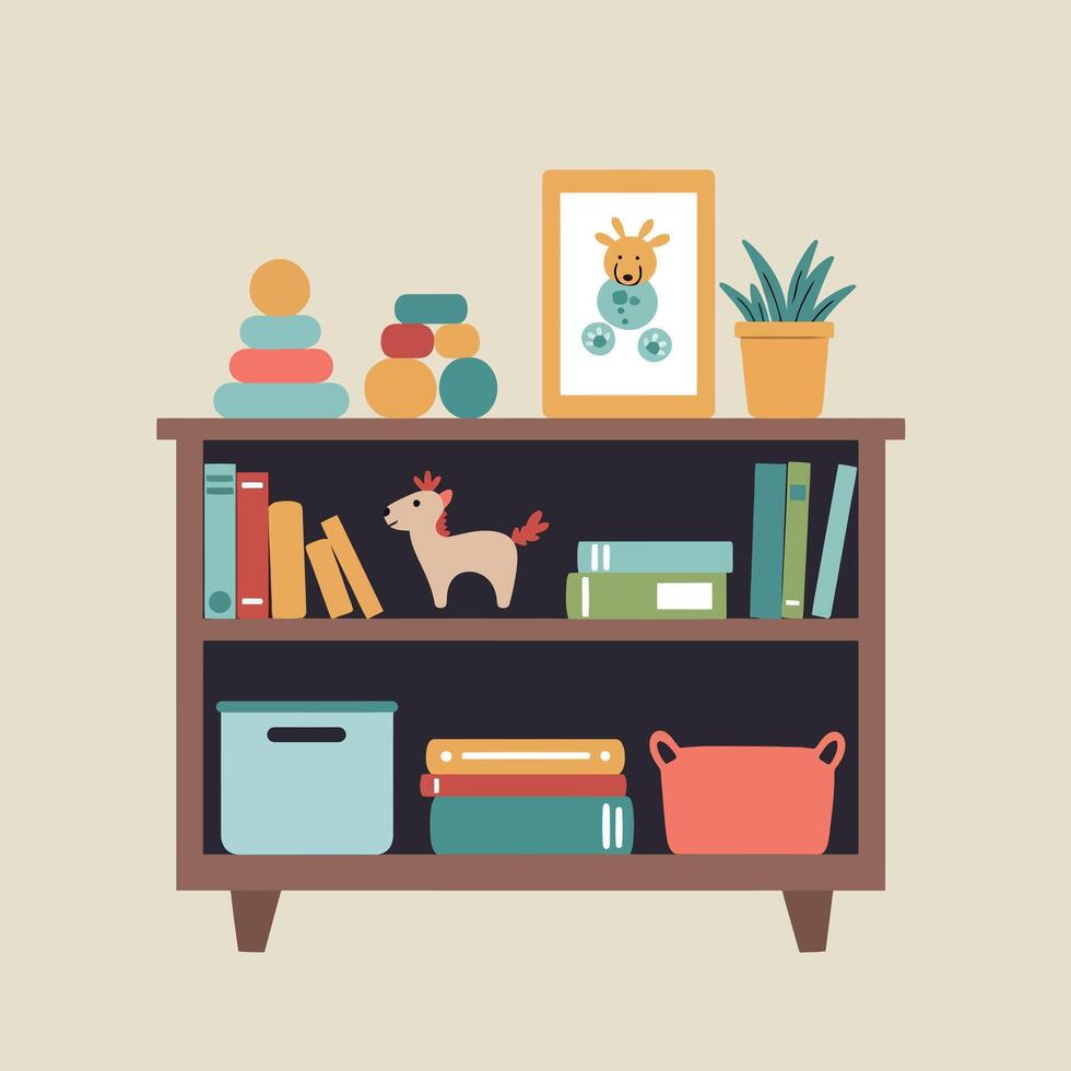 Colorful wooden bookshelf filled with playful toys, books, and plants in a minimal style illustration vector