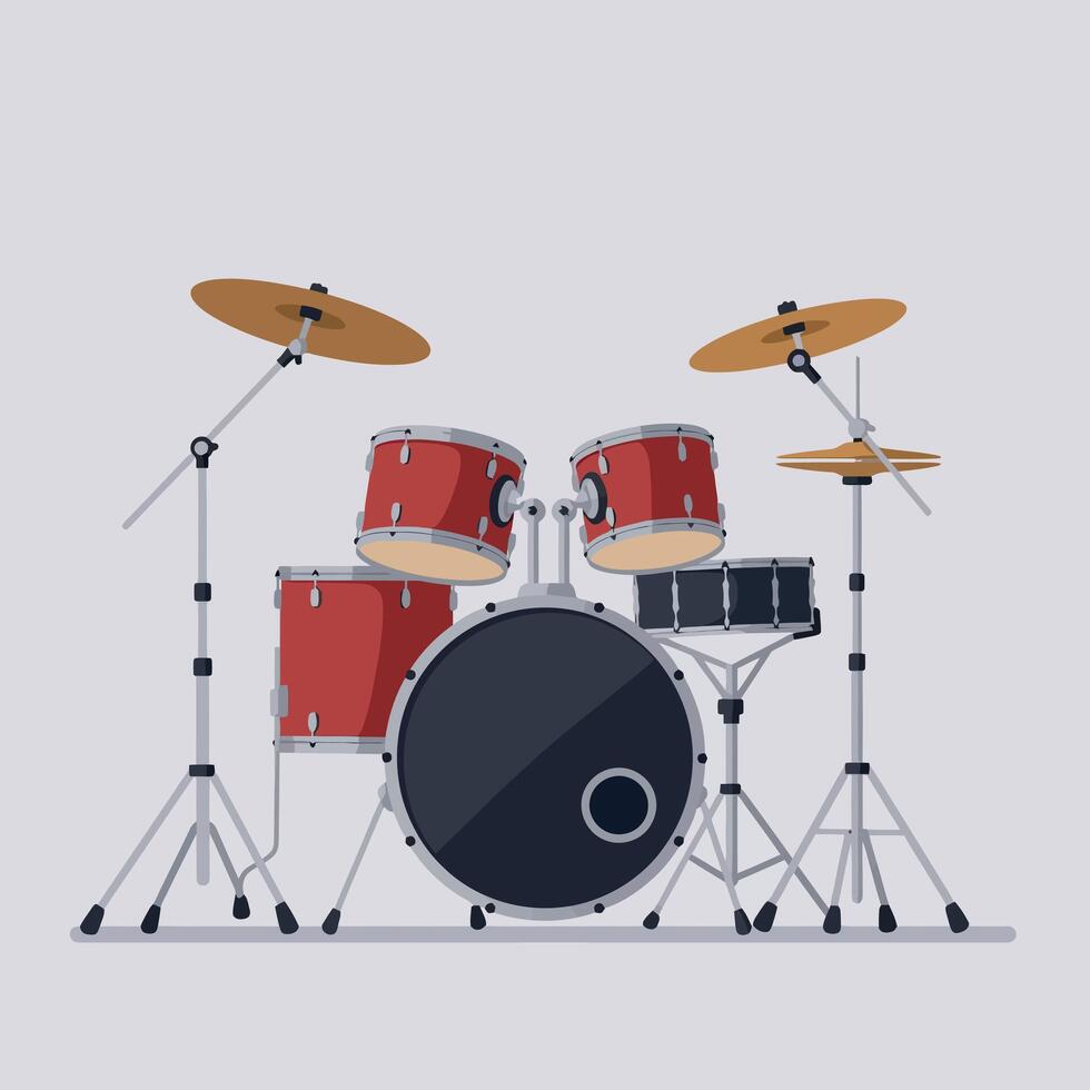 Red Drum Set with Cymbals Displayed in Minimalist Style Illustration vector