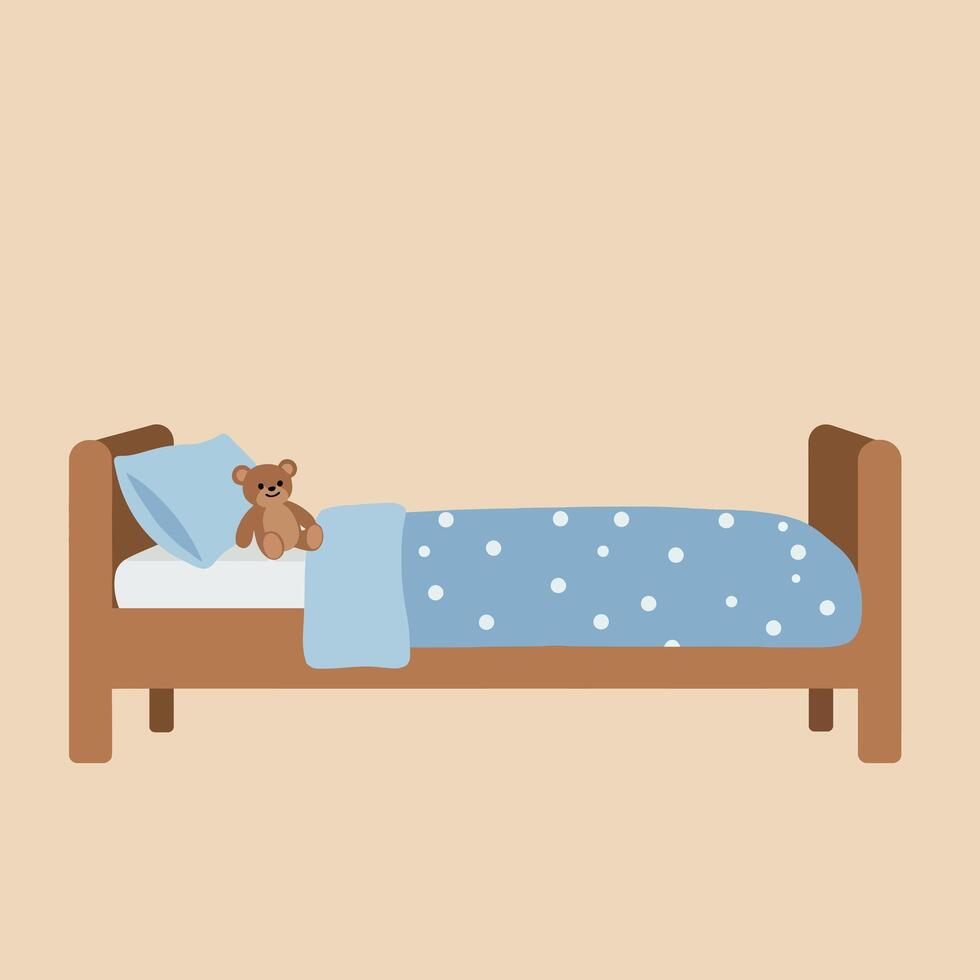 Cozy wooden bed with blue polka dot bedding and a teddy bear, minimal design, warm and inviting atmosphere, illustration vector