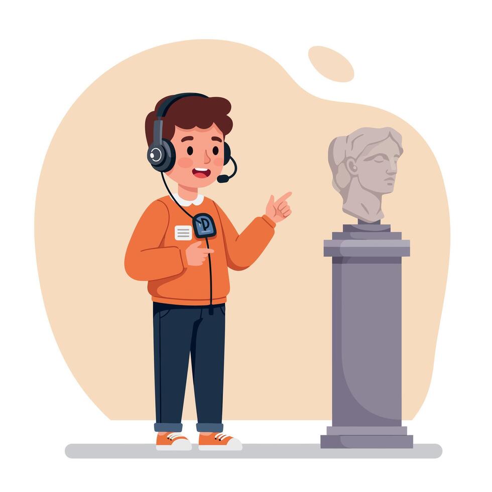 A young boy enthusiastically explaining a statue with a headset, in a flat and colorful illustration vector