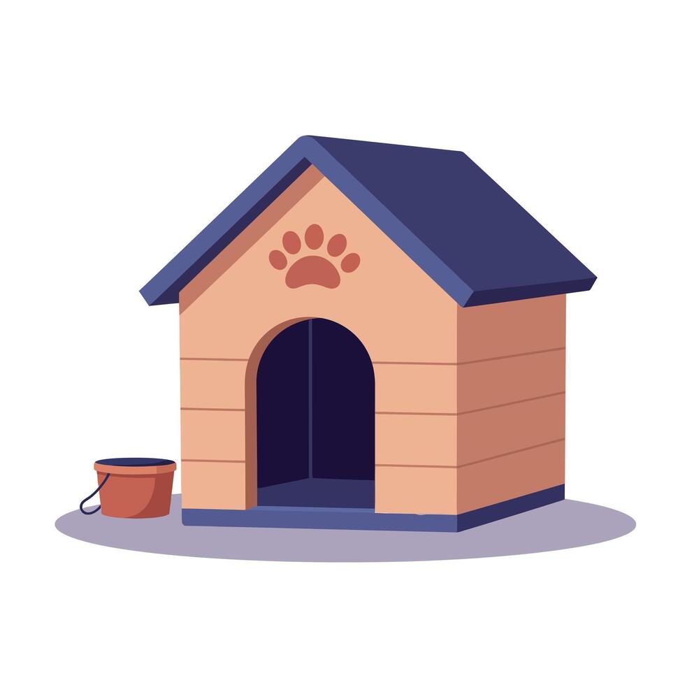 Cozy Doghouse with Bowl in Minimalistic Style, Featuring Blue Roof and Paw Print, Illustration vector