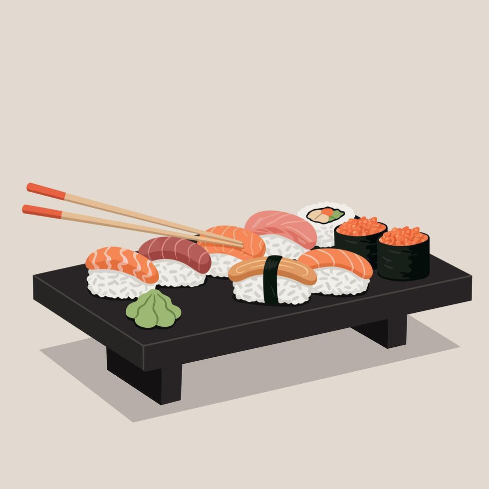 Assorted Sushi on Wooden Platter with Chopsticks in Minimalist Style Illustration vector