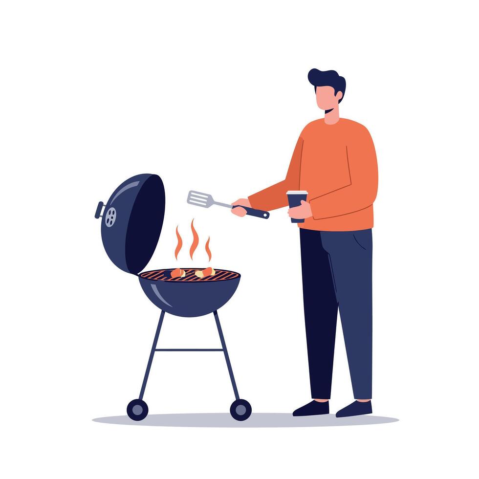 A man grilling meat on a charcoal barbecue while holding a drink in a casual outdoor setting, minimal illustration vector