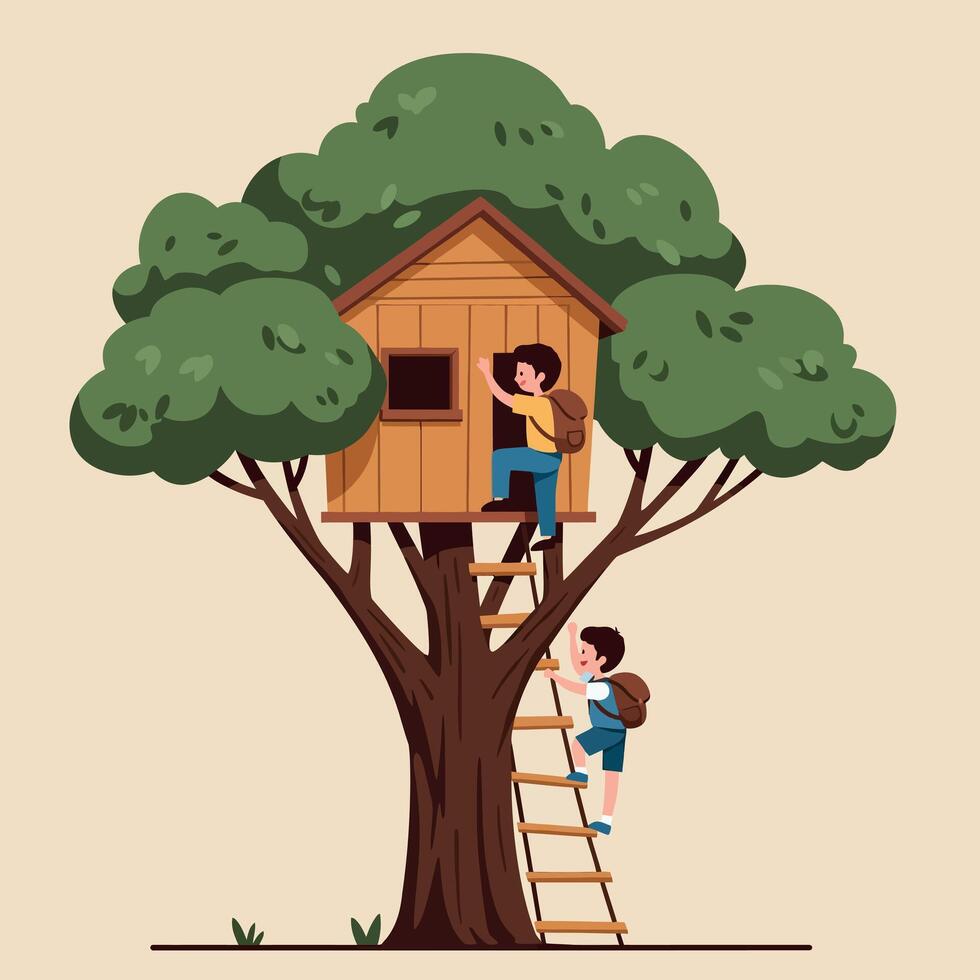 Two children climbing a tree to reach a wooden treehouse in a playful and vibrant flat illustration vector