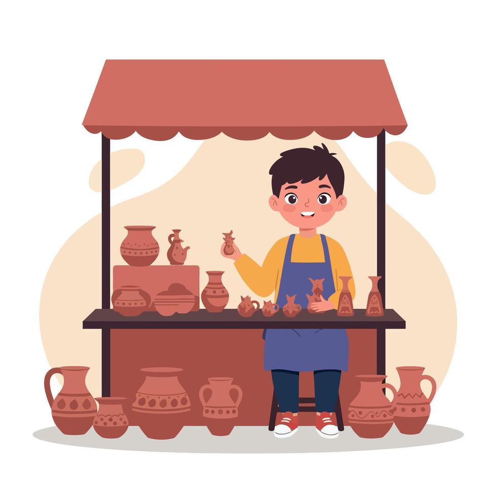 Young boy at a pottery stall displaying handmade clay pots in a cheerful, flat illustration setting vector