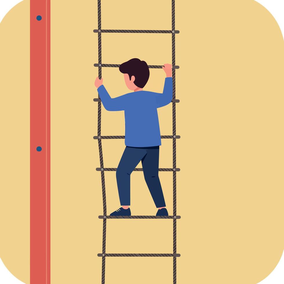 A young boy climbing a rope ladder against a bright yellow wall in a minimal flat design illustration vector