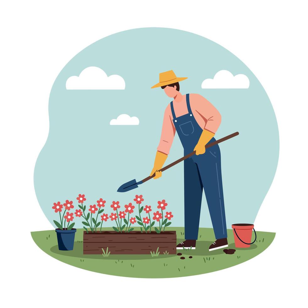 A gardener in overalls tending to vibrant flowers with a shovel in a sunny outdoor setting, showcasing flat art vector
