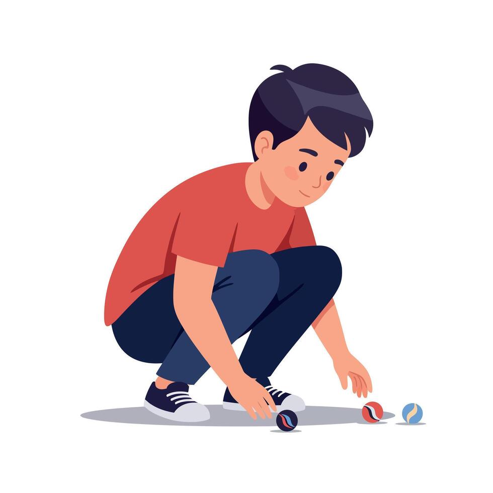 Boy in a red shirt playing with colorful marbles in a playful, minimal illustration vector
