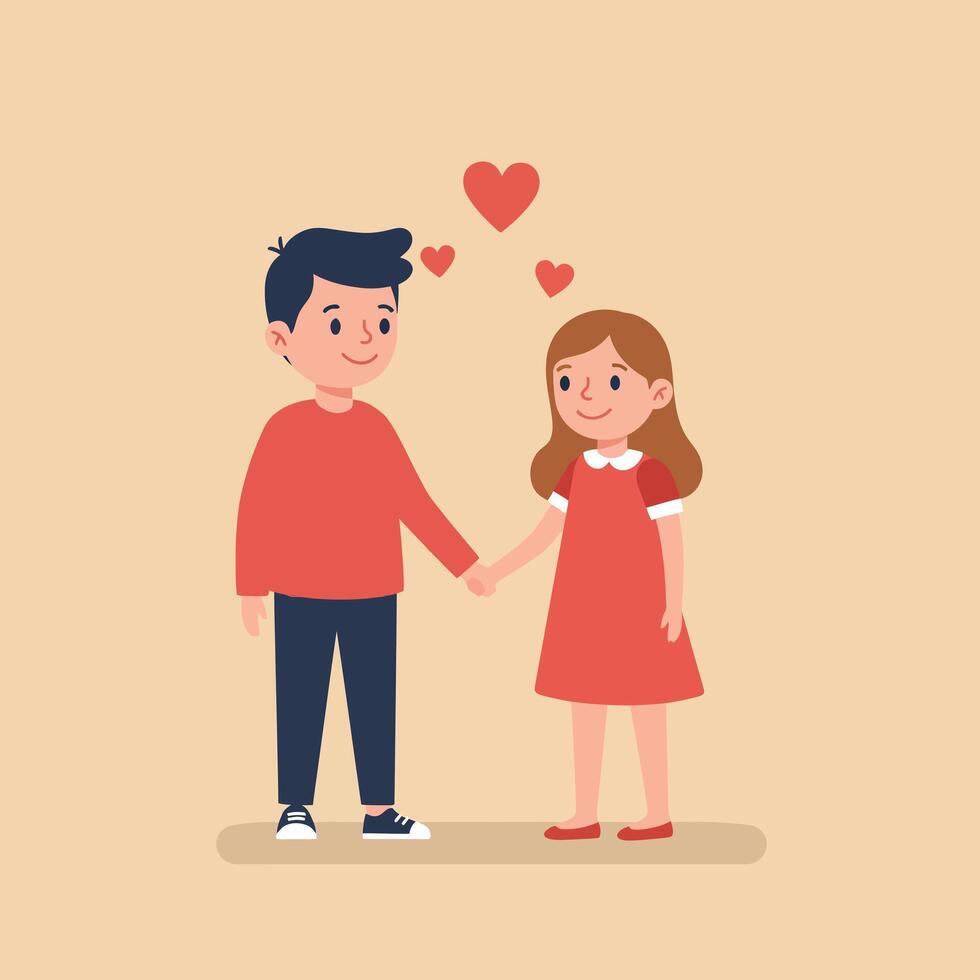 Two children holding hands in a sweet moment of affection, featuring a flat design style, surrounded by hearts, illustration vector