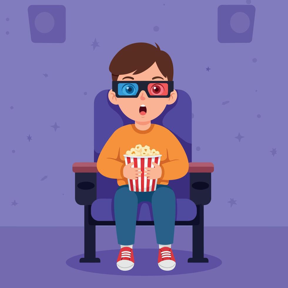 A young boy wearing 3D glasses excitedly watches a movie in a cinema seat while holding a bucket of popcorn, flat illustration vector
