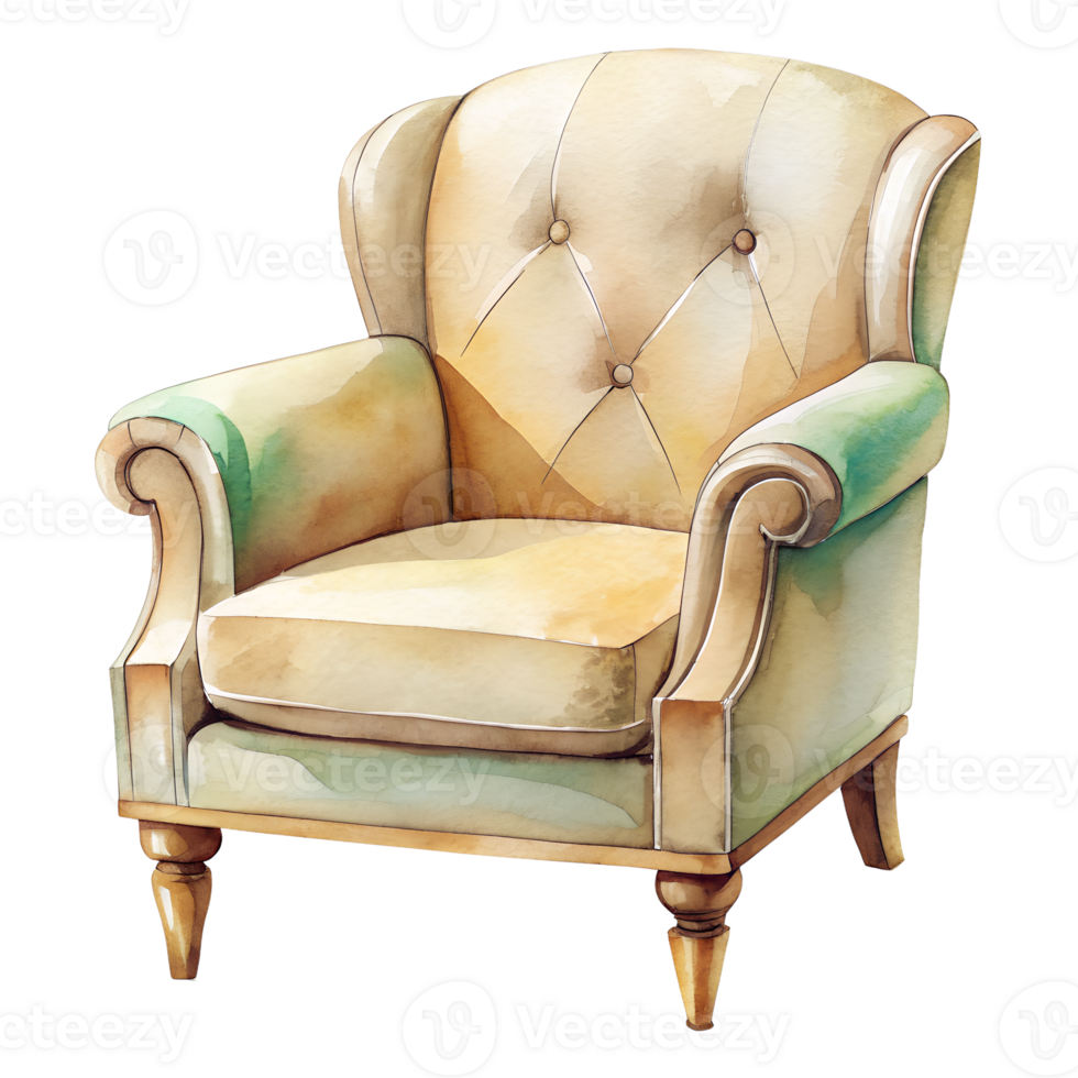 Elegant Watercolor Painting of a Vintage Armchair with Button Tufted Back and Rolled Arms isolated on white or transparent background png