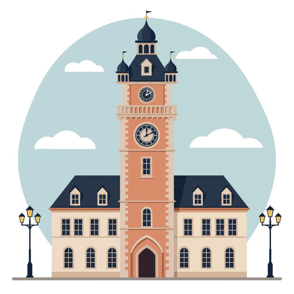 Elegant clock tower building in flat design style surrounded by street lamps and clouds in bright art vector