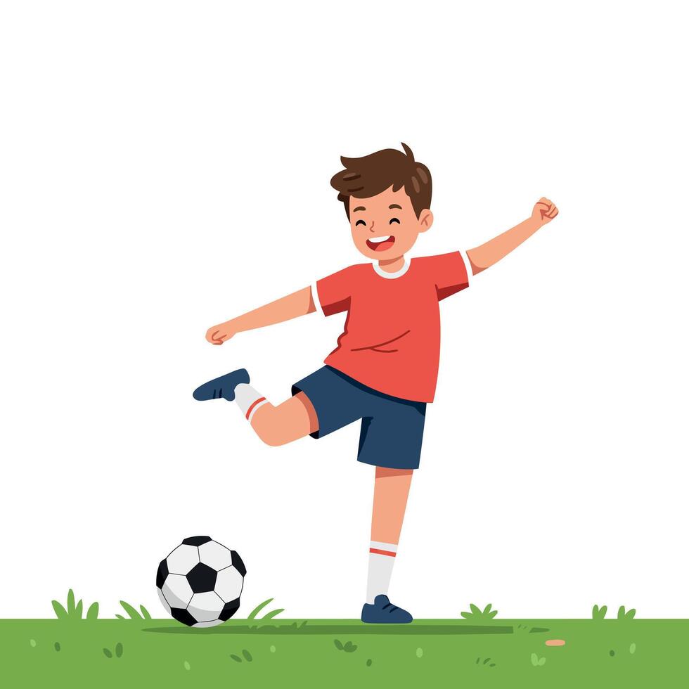A joyful young boy in a red shirt plays soccer on green grass in a flat illustration vector