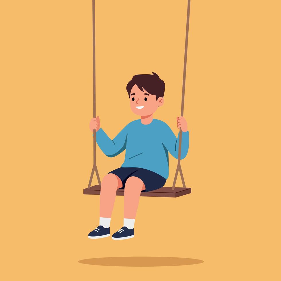 Happy boy swinging joyfully on a wooden swing in a flat, cheerful design style illustration vector