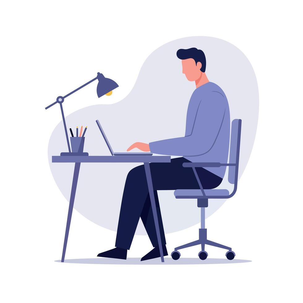Professional man focused on work at a modern desk with a lamp in minimal illustration vector