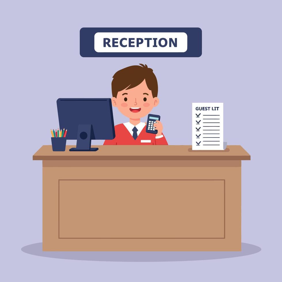 Friendly receptionist in a red uniform at a modern front desk area with a computer and guest list, minimal and cheerful illustration vector