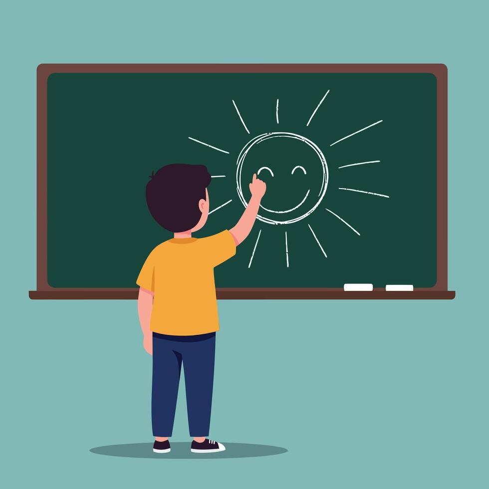 A young boy drawing a smiling sun on a chalkboard in a minimal, colorful classroom setting, showcasing creativity and joy in art vector