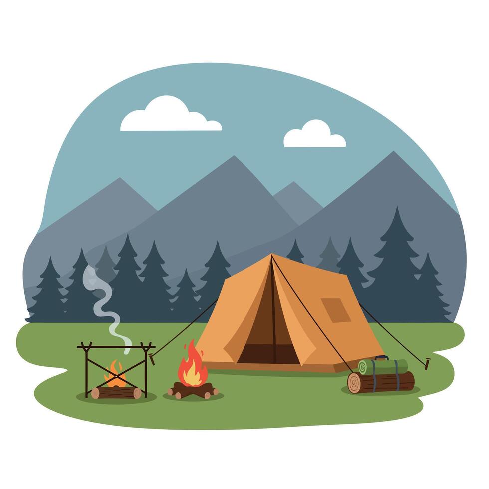 Camping Scene with Mountains and Forest in Flat Design Style Illustration vector