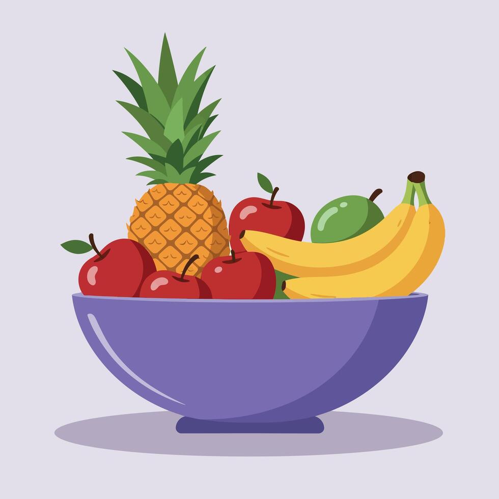 Colorful Fruit Bowl with Apples, Bananas, and Pineapple in Flat Style Illustration vector