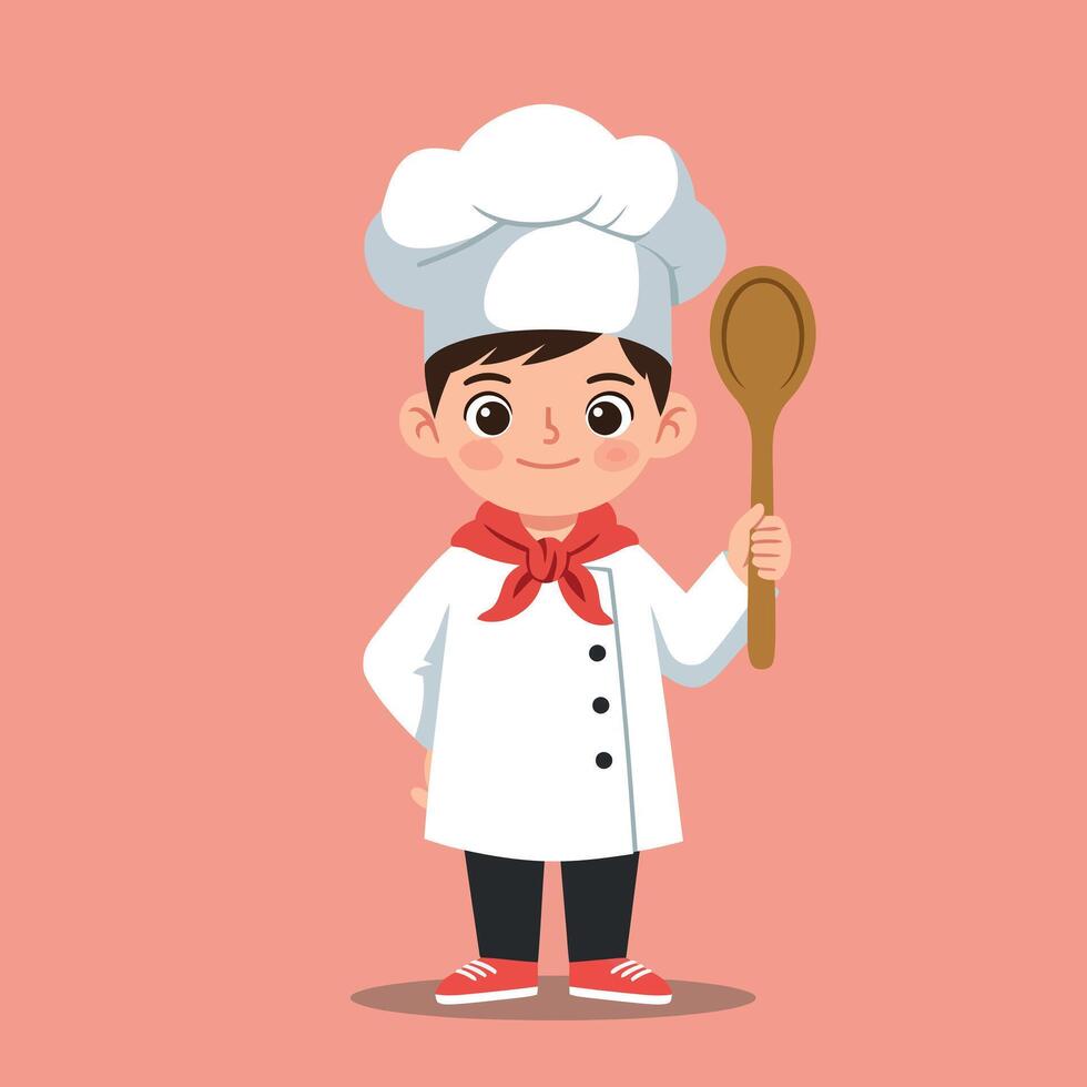 Young boy chef in a white uniform with a red scarf and spoon, flat illustration showcasing culinary enthusiasm and joy in the kitchen vector