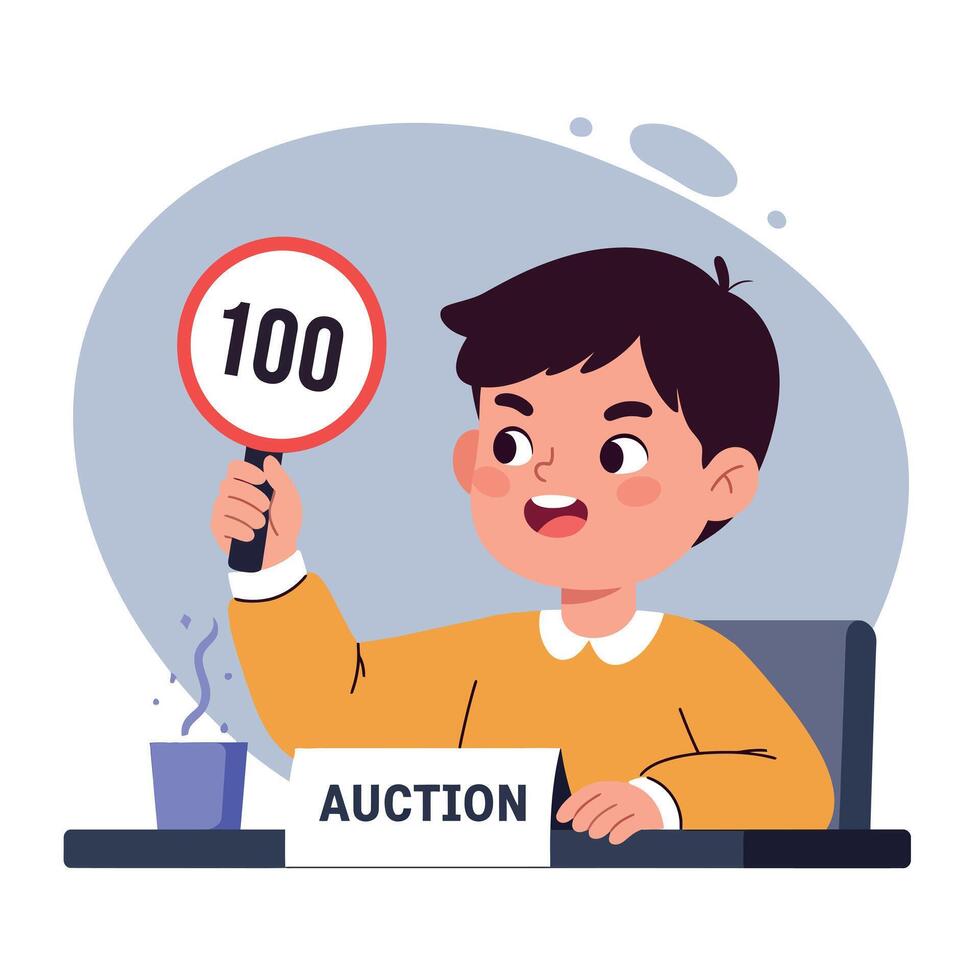 A cheerful boy raising a bid paddle with the number 100 while sitting at an auction table in a flat illustration vector