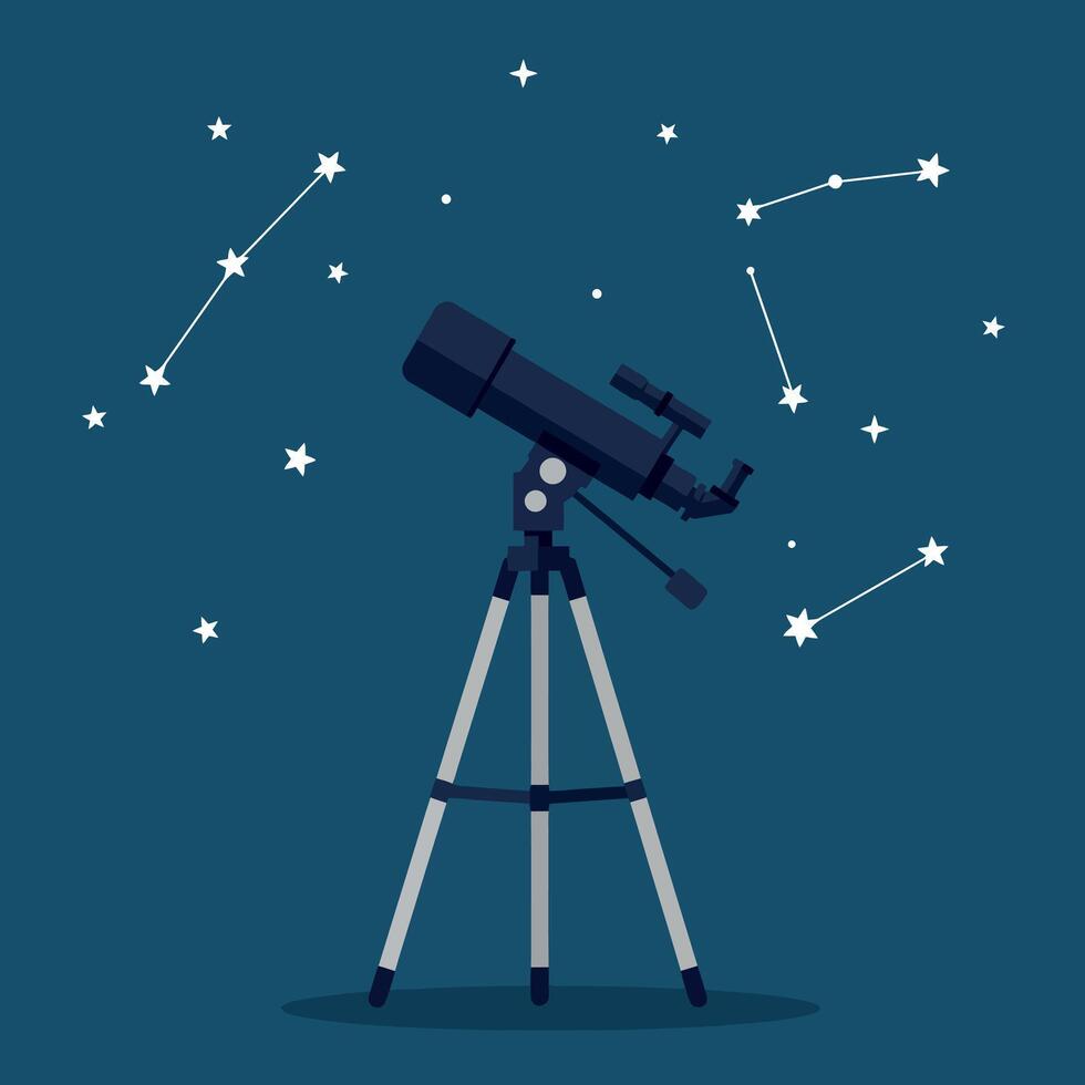 A telescope under a starry night sky with visible constellations in flat design style illustration vector