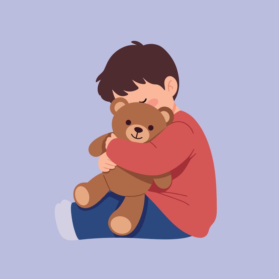 A young boy in a red sweater gently hugs a brown teddy bear, showcasing warmth and affection in flat illustration vector