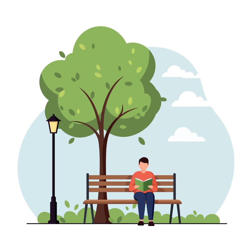 Young man reading a book on a bench under a lush tree in a flat illustration vector