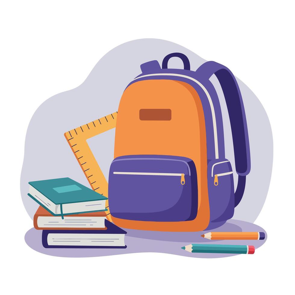 Colorful backpack surrounded by books and stationery in a flat design art vector