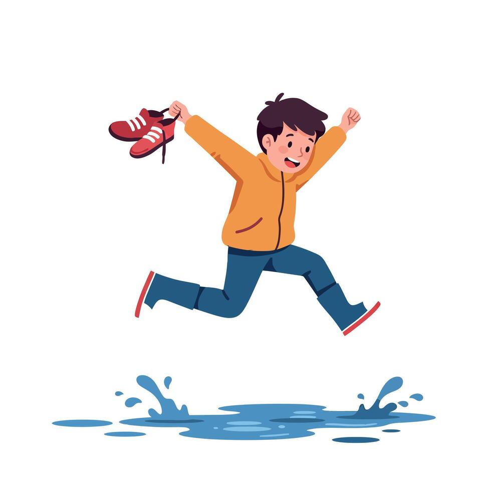 Joyful boy in yellow jacket leaping over puddle, playful and energetic, flat illustration vector