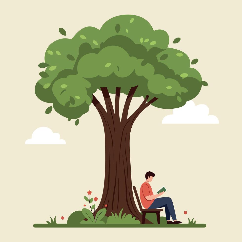 A man reading a book under a large green tree in a serene park setting, flat illustration vector