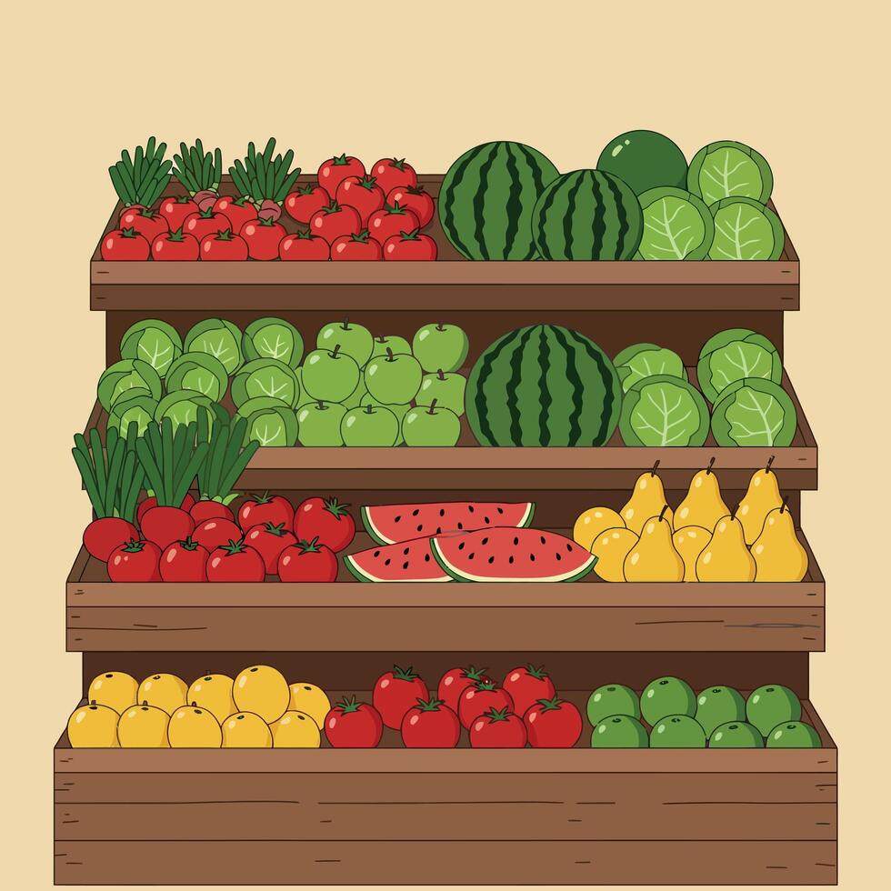 Colorful display of fresh fruits and vegetables stacked in wooden crates featuring flat art style showcasing vibrant colors and healthy produce in a market setting illustration vector