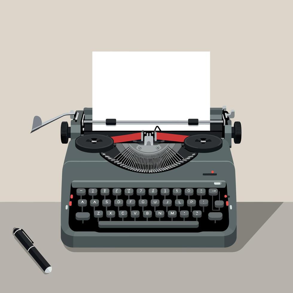 Classic typewriter on a simple desk with a blank page and pen, flat design illustration vector