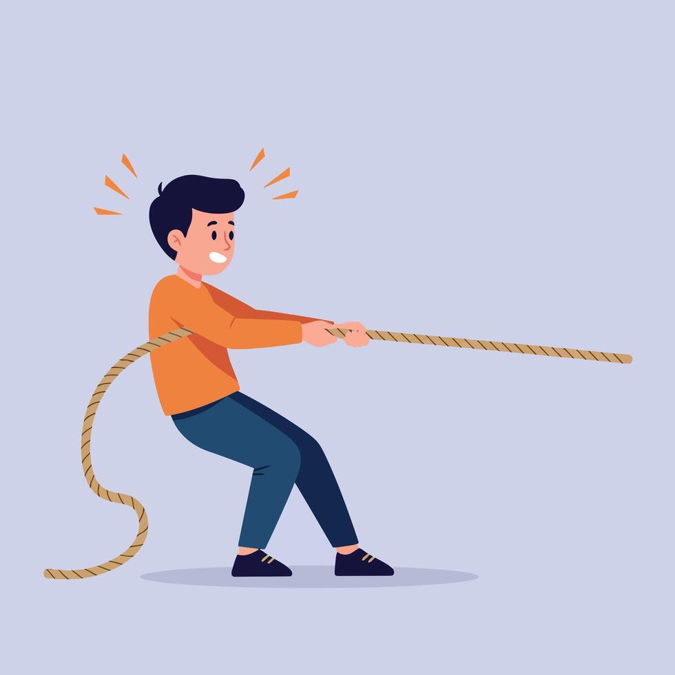 A young boy pulling a rope in a playful tug-of-war game, illustrated in a flat and colorful style, art vector