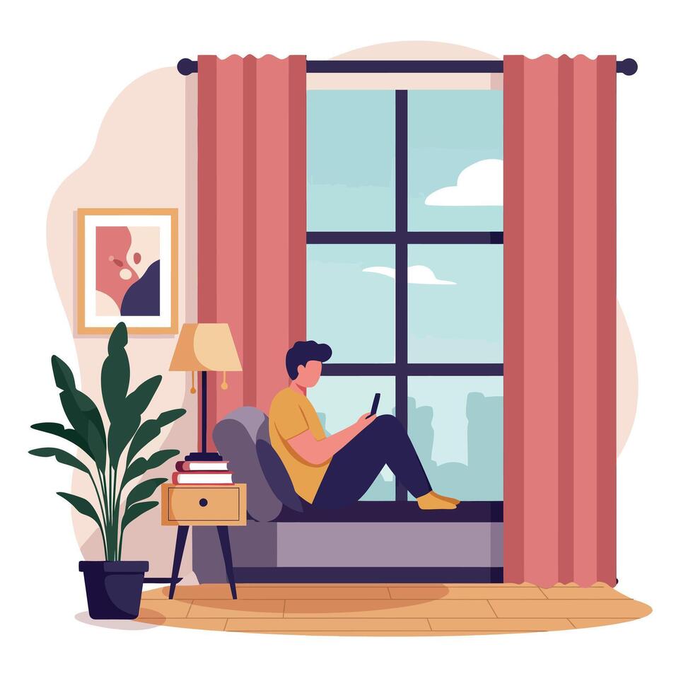 A young man relaxing on a couch by the window in a cozy room, featuring flat design style illustration vector