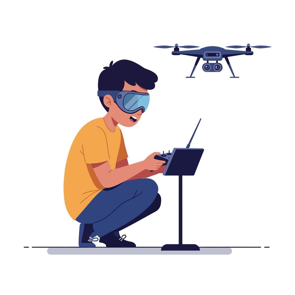 A young boy operating a drone while wearing virtual reality goggles in a flat design art scene showcasing excitement and engagement in technology vector