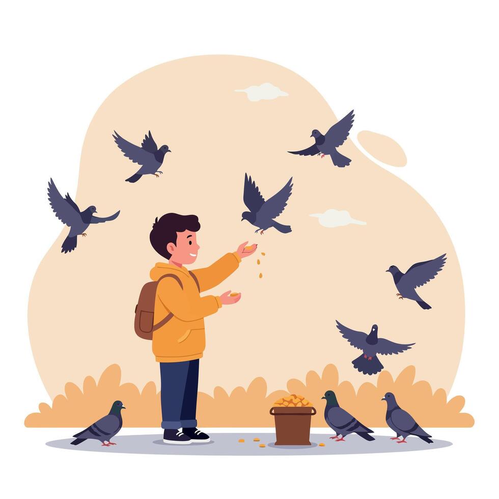 A young boy feeding pigeons in a park while birds fly around him in a cheerful flat illustration vector