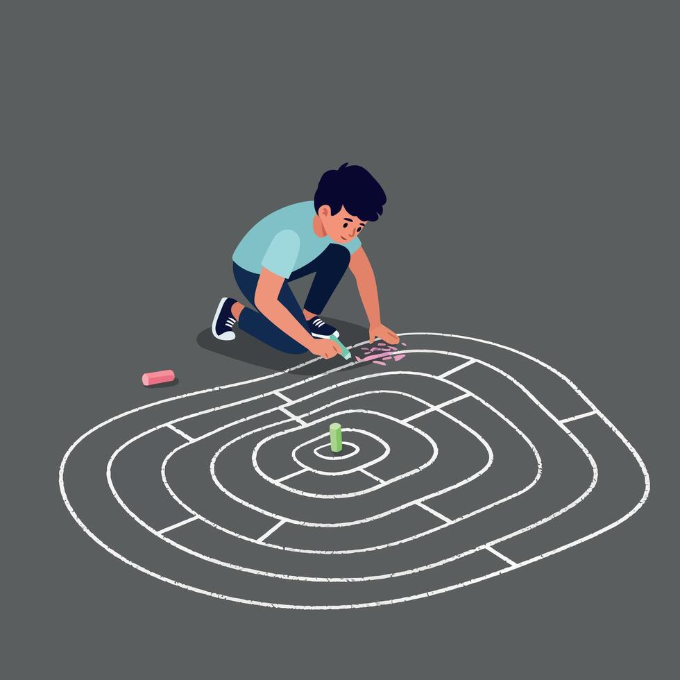 A young boy drawing a labyrinth with chalk on a grey pavement in a playful, flat illustration style showcasing creativity and imagination through engaging outdoor play activities art vector